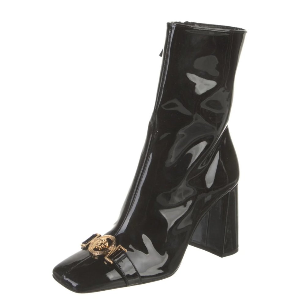 Versace Medusa Insignia Ankle Boots Square Toes Black Patent Leather Sz 38